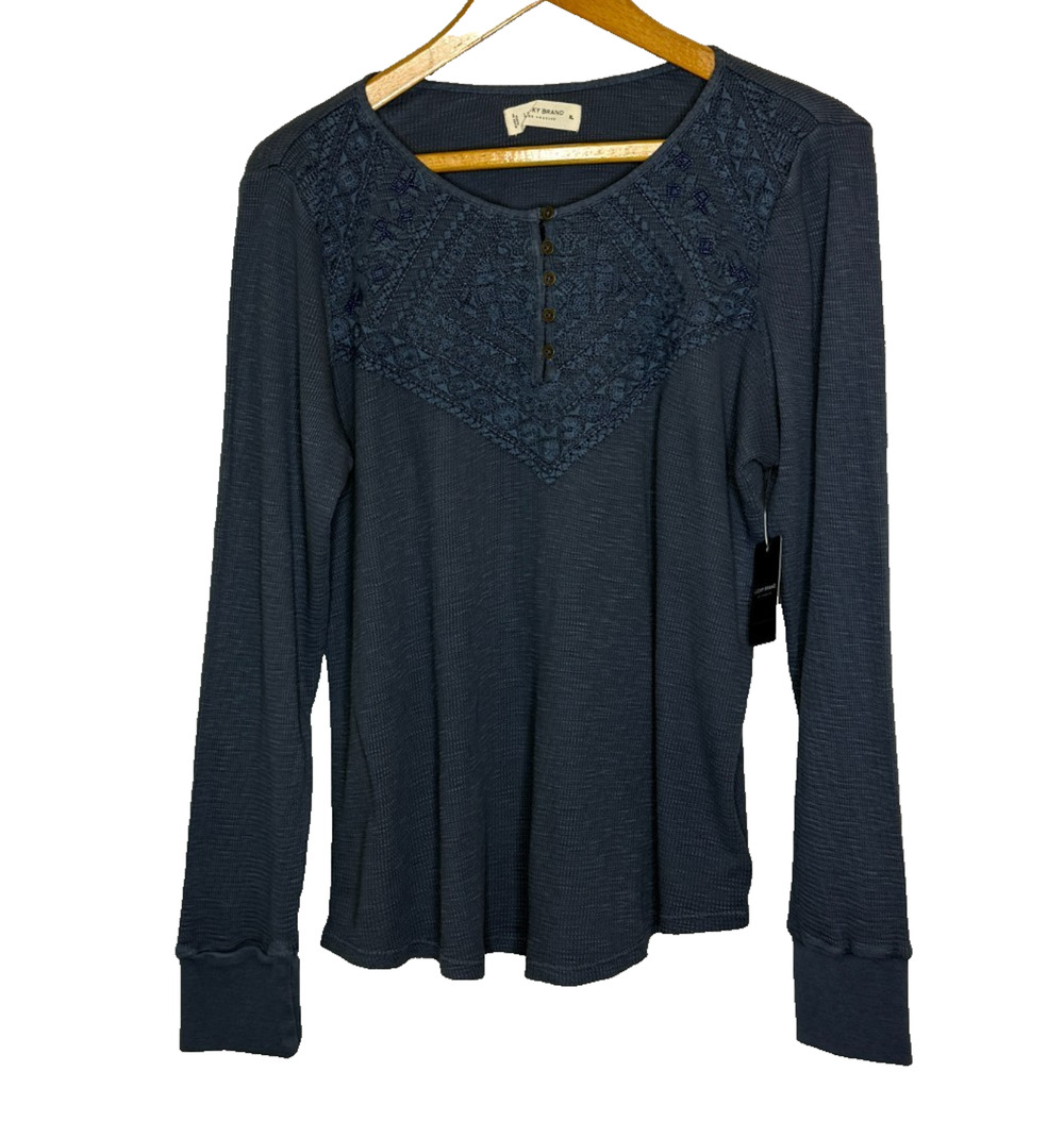 Women's XL Lucky Brand Navy Blue Embroidered Henley Thermal Shirt NEW